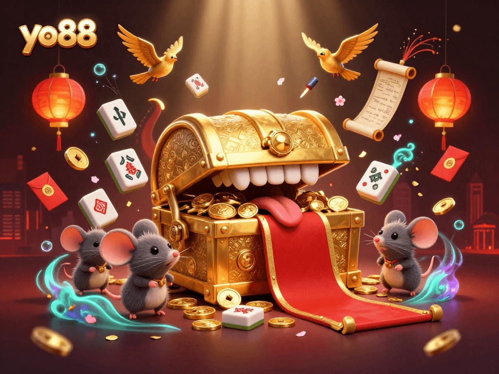 Experience the yo88 thrill with a treasure chest and mice seeking riches in this vibrant casino illustration.