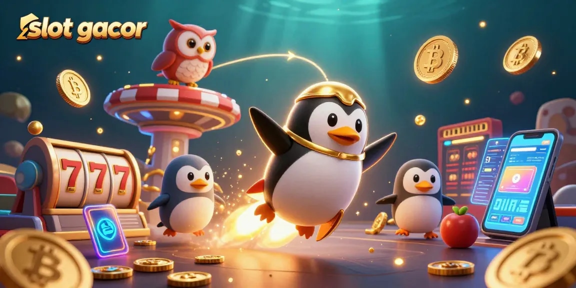 Experience the excitement of slot gacor with a golden penguin and casino-themed elements in a vibrant 3D illustration.