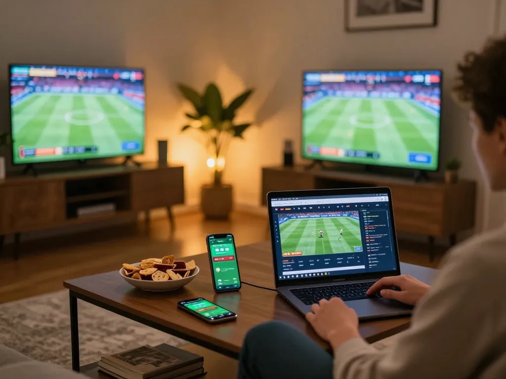 Engaging in sports betting at home using keonhacai on a laptop with a cozy setting