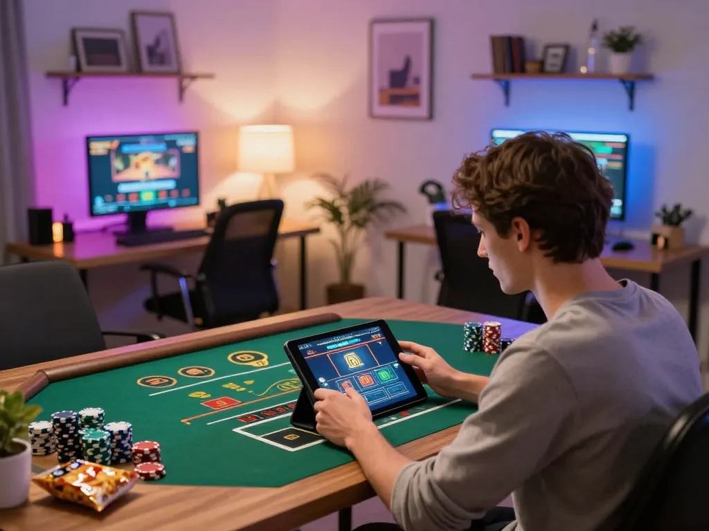 Player using hi88 tablet for online casino gaming in a cozy home setup with snacks and chips.