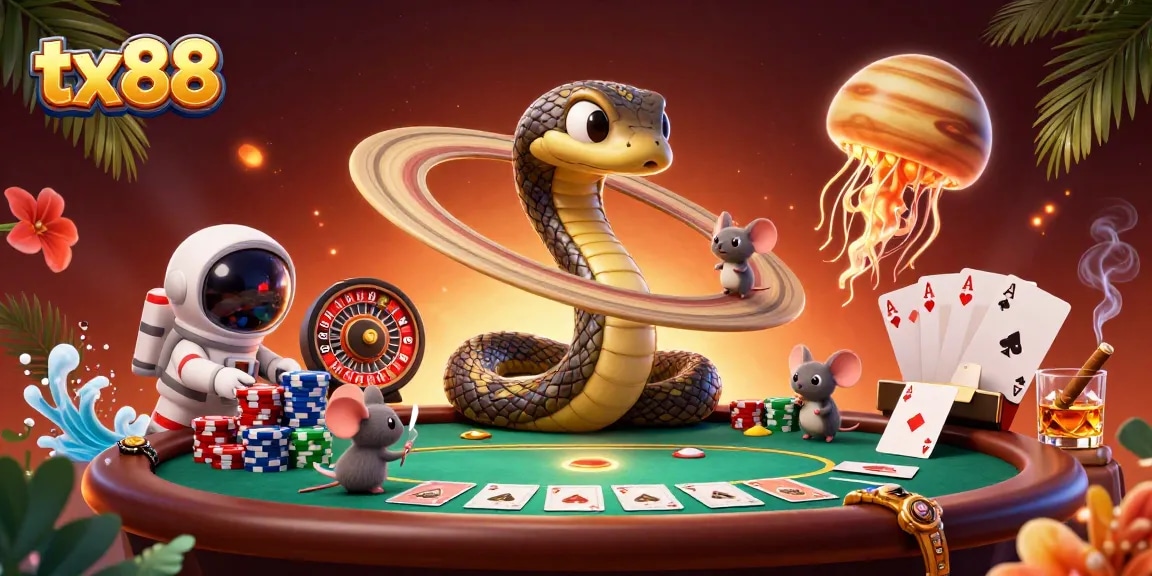 Place bets with tx88 in this vibrant 3D casino scene featuring unique characters and game elements.