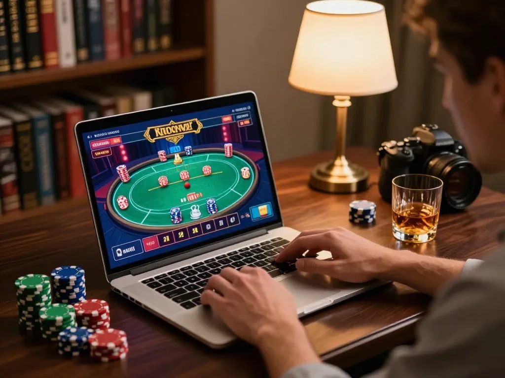 Engaging online poker action with vipwin79 displayed on a stylish laptop during a premium gaming session.