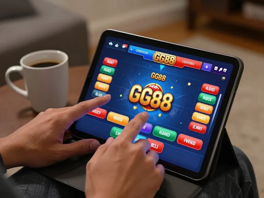 Engaging in online betting on GG88 platform with tablet, showcasing colorful interface and focused gameplay action.