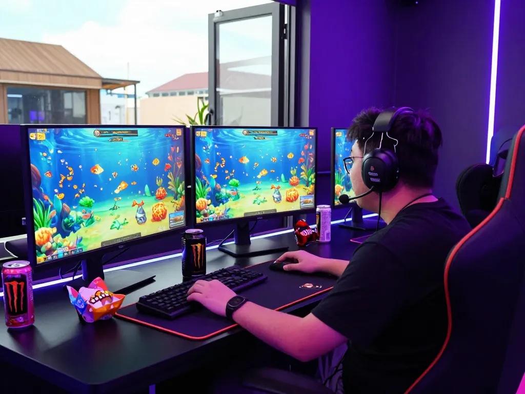 Bắn cá hubet88 gaming scene with intense player engaged in colorful underwater adventure.