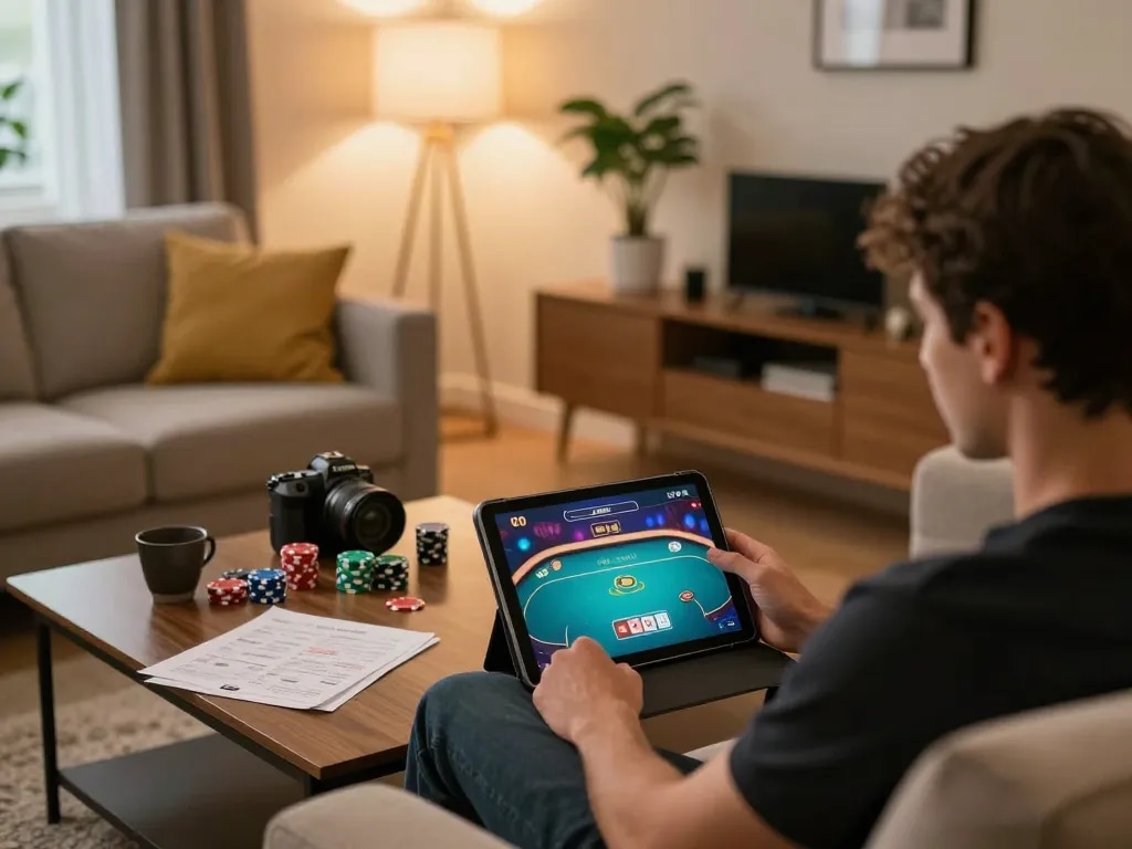 Tại đây, player immersed in online casino gaming on tablet while engaging in strategy discussions.