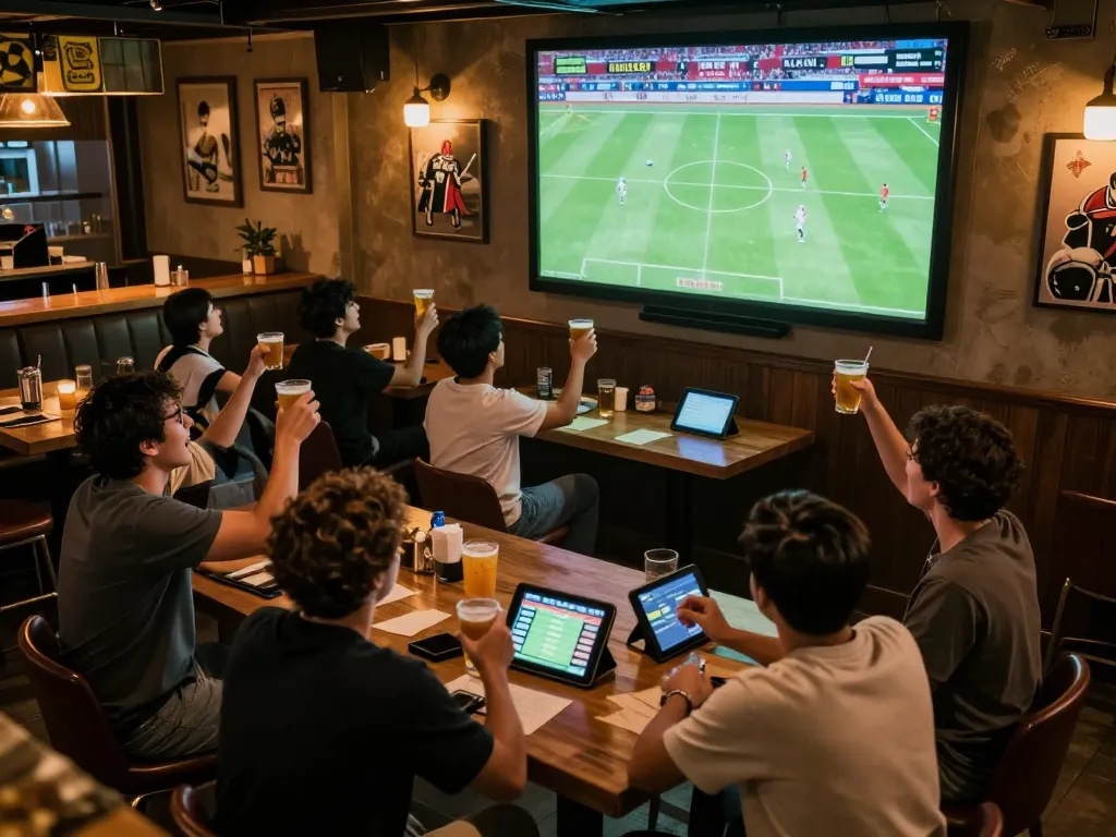 Watching live football on Xôi Lạc TV with friends cheering, creating an exciting sports bar atmosphere.