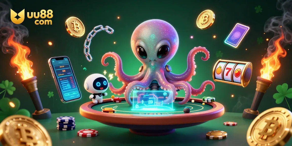 Experience thrilling gaming at uu88 com with an alien octopus on a poker table and crypto elements.