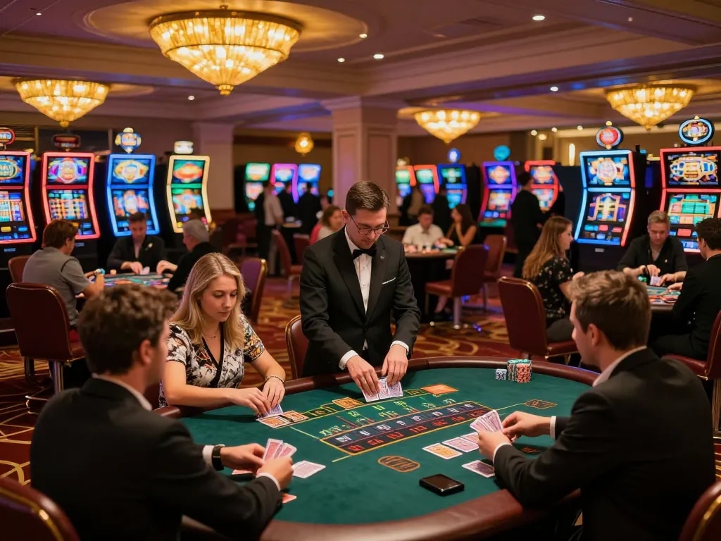 Fly88 casino scene with players betting at blackjack tables in a vibrant gaming atmosphere.
