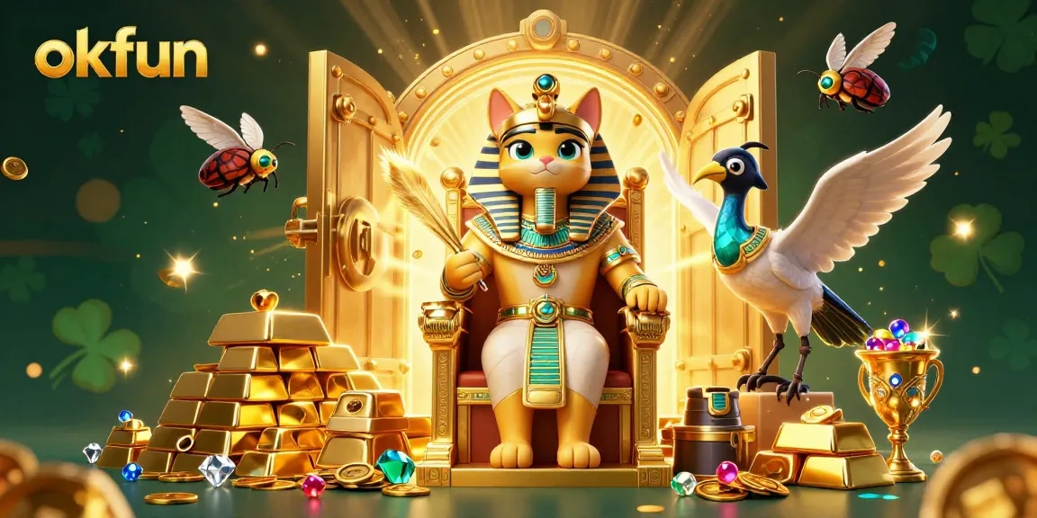 Experience thrilling jackpots at okfun with this dynamic 3D casino illustration filled with gold and treasures.