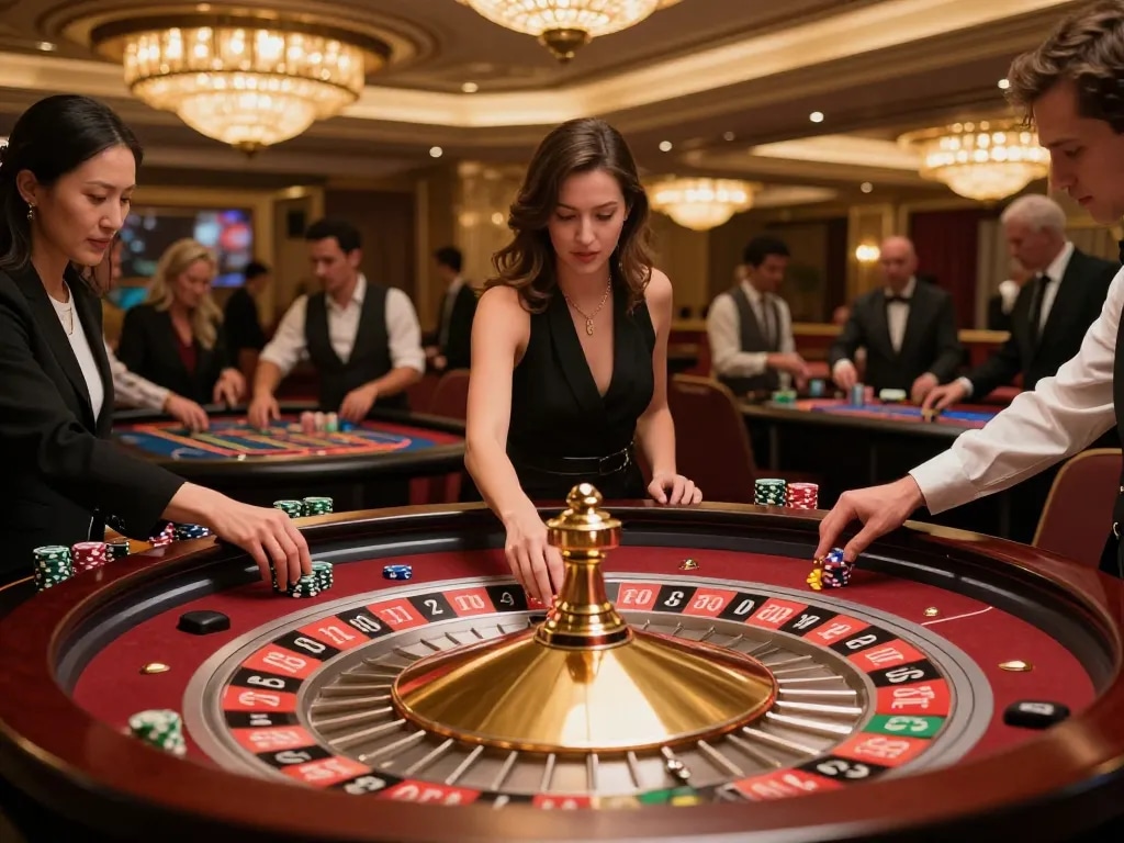 Players at a lively casino roulette table strategizing bets during an exciting game of 789