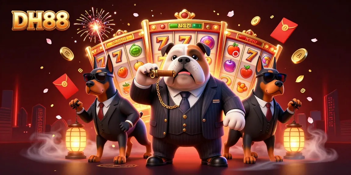 Win big at DH88 with the exciting energy of slots and festive symbols surrounding a mafia bulldog.