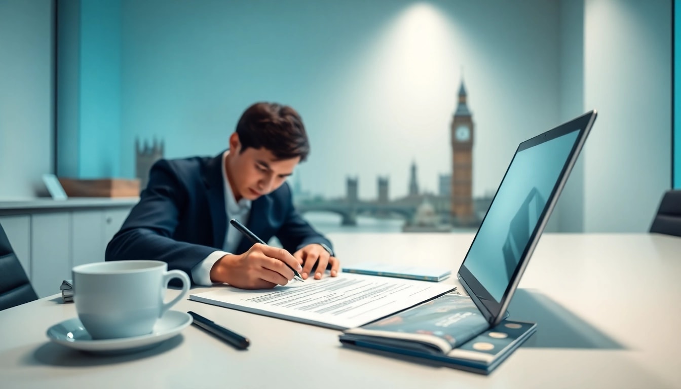 Completing the eta application uk for UK travel at a stylish desk with landmarks in view.