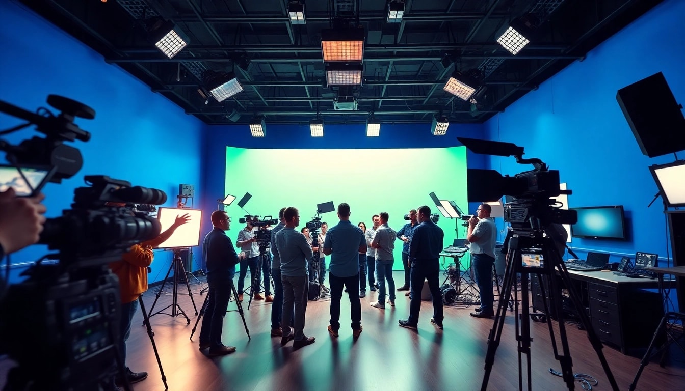 Professional Video Production team recording a scene in a creative studio environment.