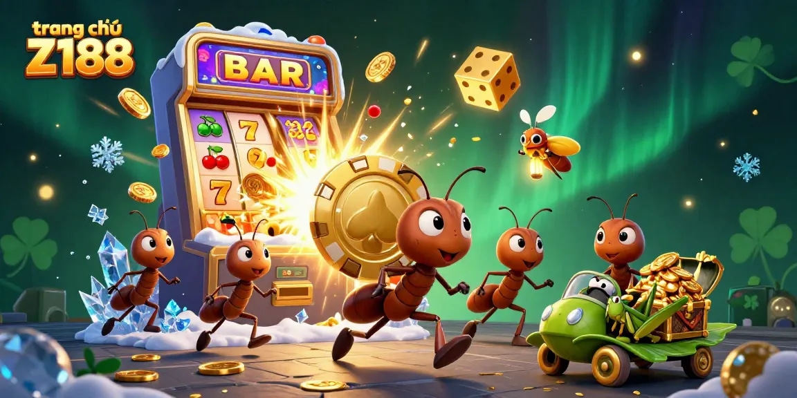 Experience the thrill with trang chủ Z188, where ants carry giant poker chips amidst vivid casino games.