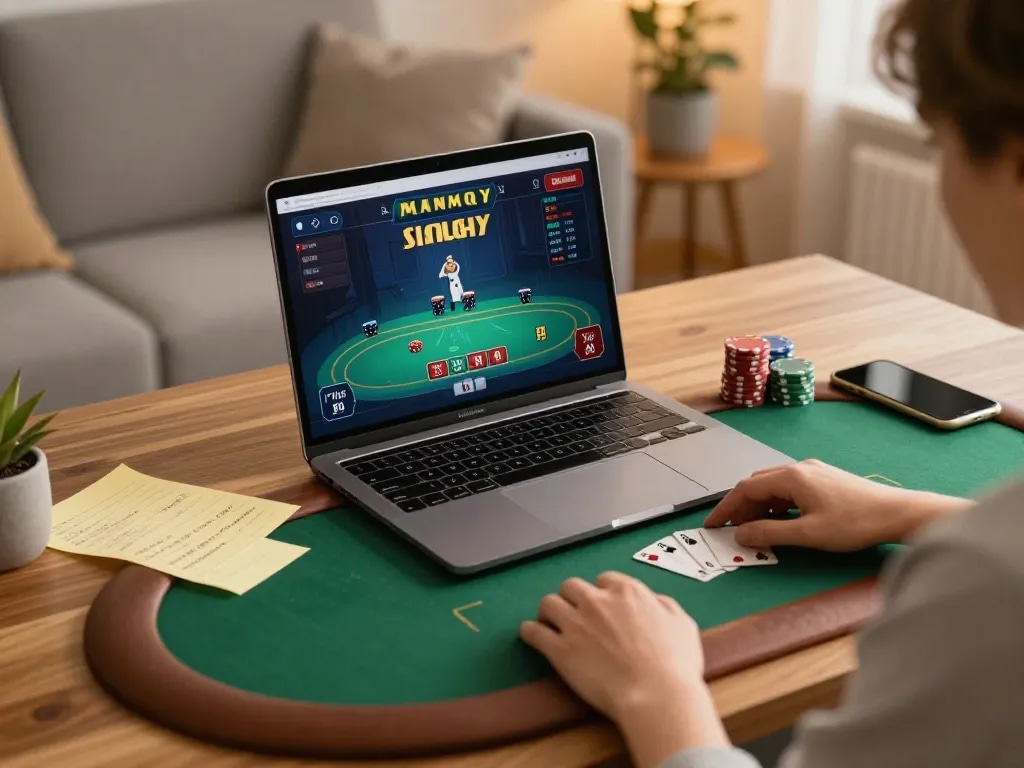 Player enjoying online poker at home while managing strategy with rik vip app on laptop.