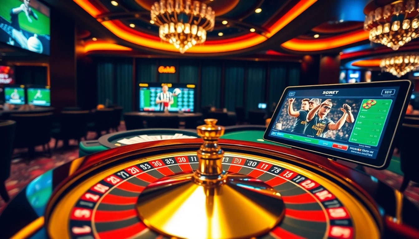 Engaging users with sbobet link alternatif at a vibrant online gambling table featuring poker chips and roulette wheel.