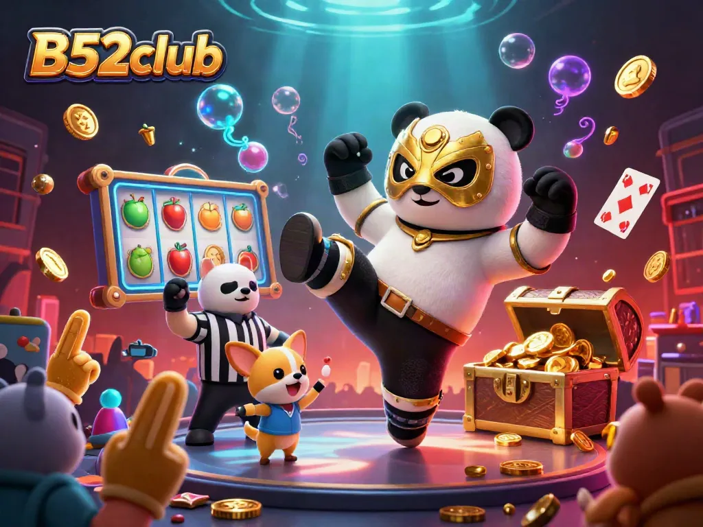 B52club game scene with a panda wrestler and details like spinning slot reels and gold coins.