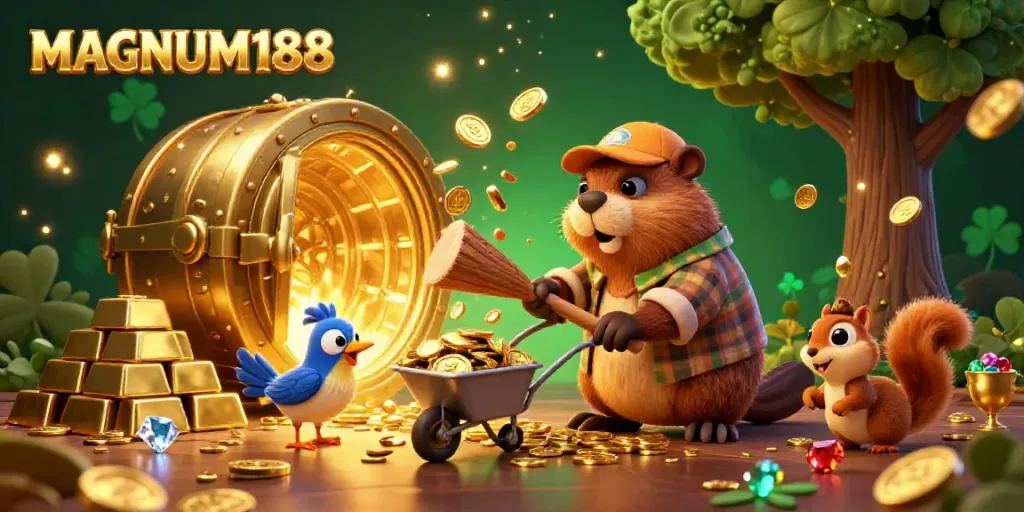 Experience exciting gameplay at MAGNUM188 with vibrant characters and casino treasures raining down.