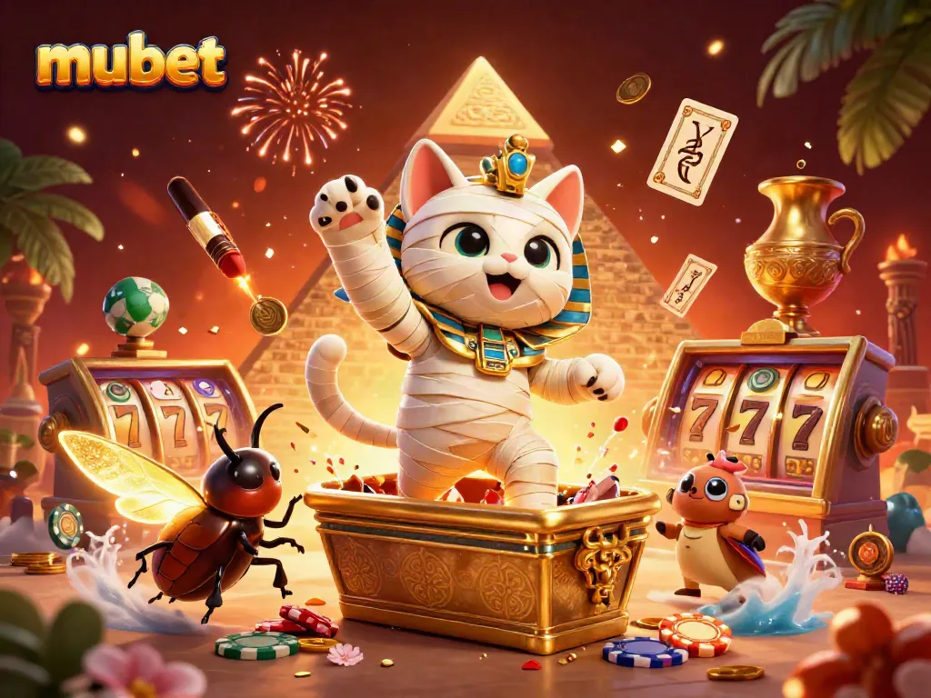 Experience the thrill of mubet with a vibrant scene of a mummy cat in a casino bursting with excitement.