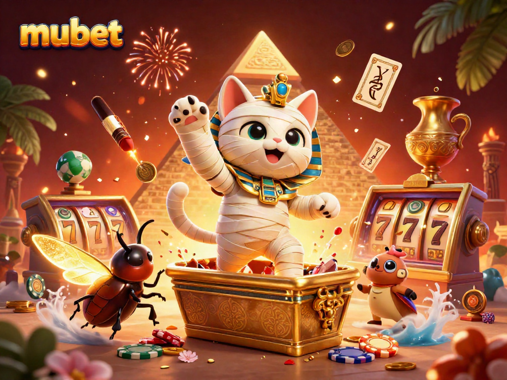 Experience the thrill of mubet with a vibrant scene of a mummy cat in a casino bursting with excitement.