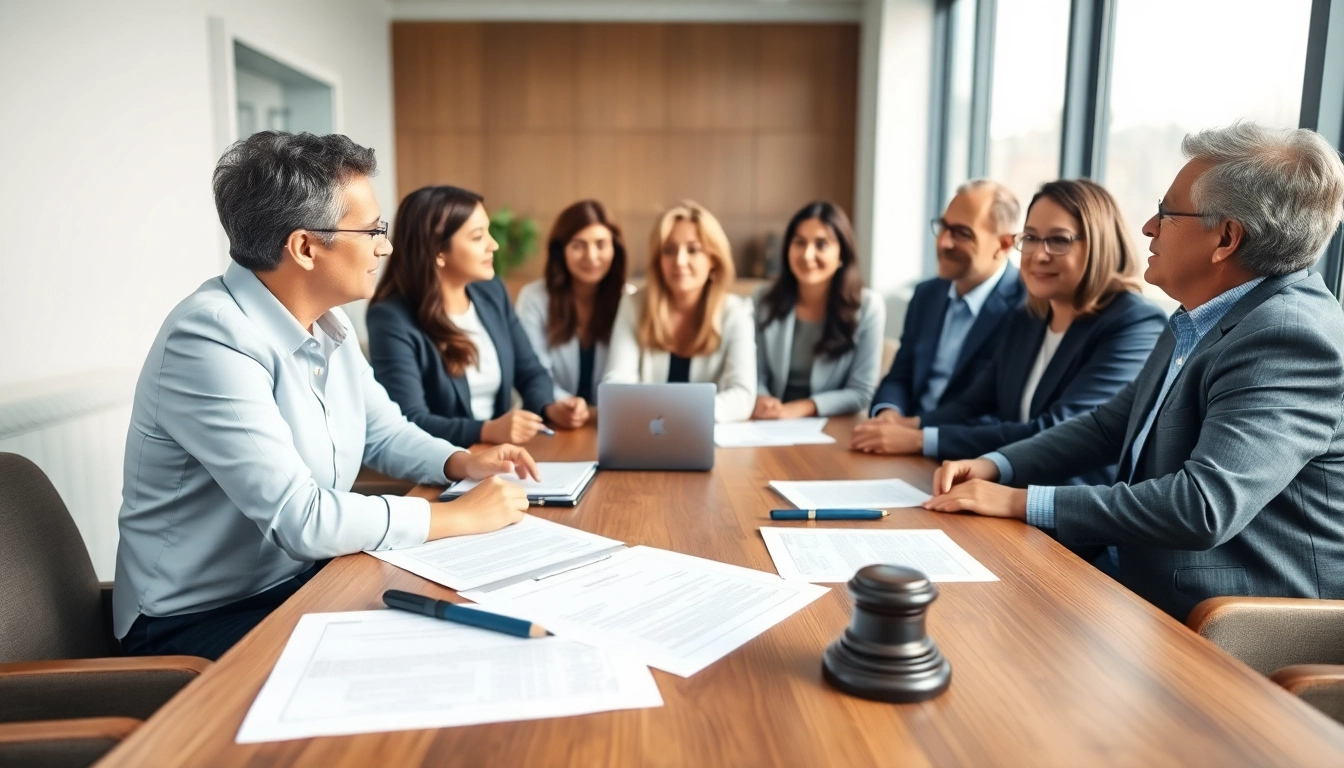 Estate Planning consultation with diverse individuals discussing legal documents on a table.