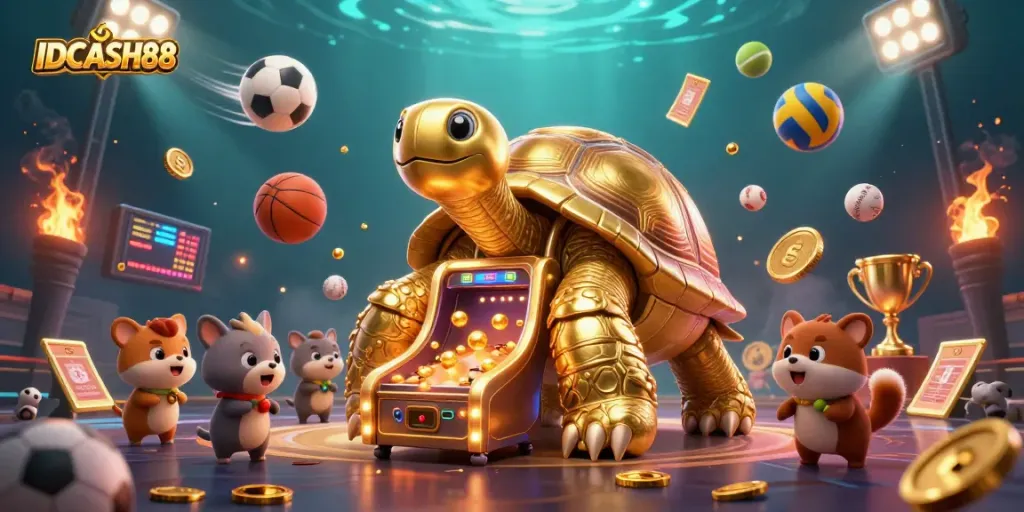 Engage with IDCASH88: A dynamic casino scene featuring a colossal golden tortoise and sports elements in 3D.