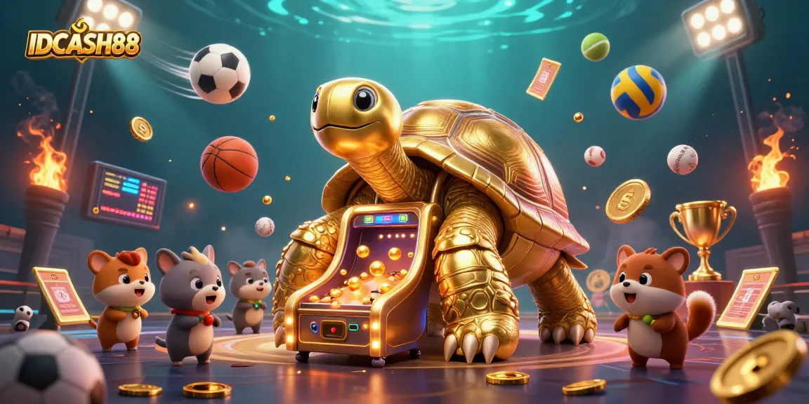 Engage with IDCASH88: A dynamic casino scene featuring a colossal golden tortoise and sports elements in 3D.