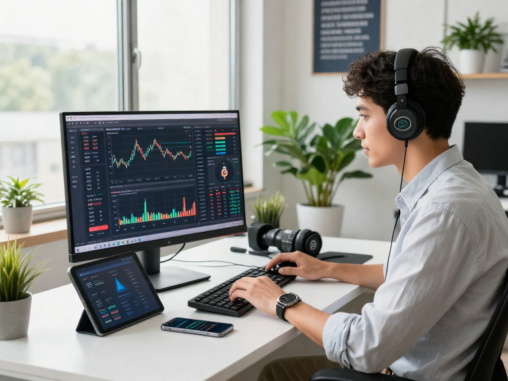 Youthful professional analyzing debet cryptocurrency trends in a bright fintech workspace.