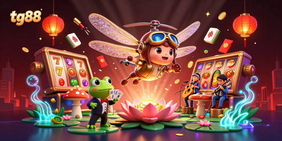 Engage with tg88 slots immersed in a vibrant casino scene featuring animated characters and festive elements.