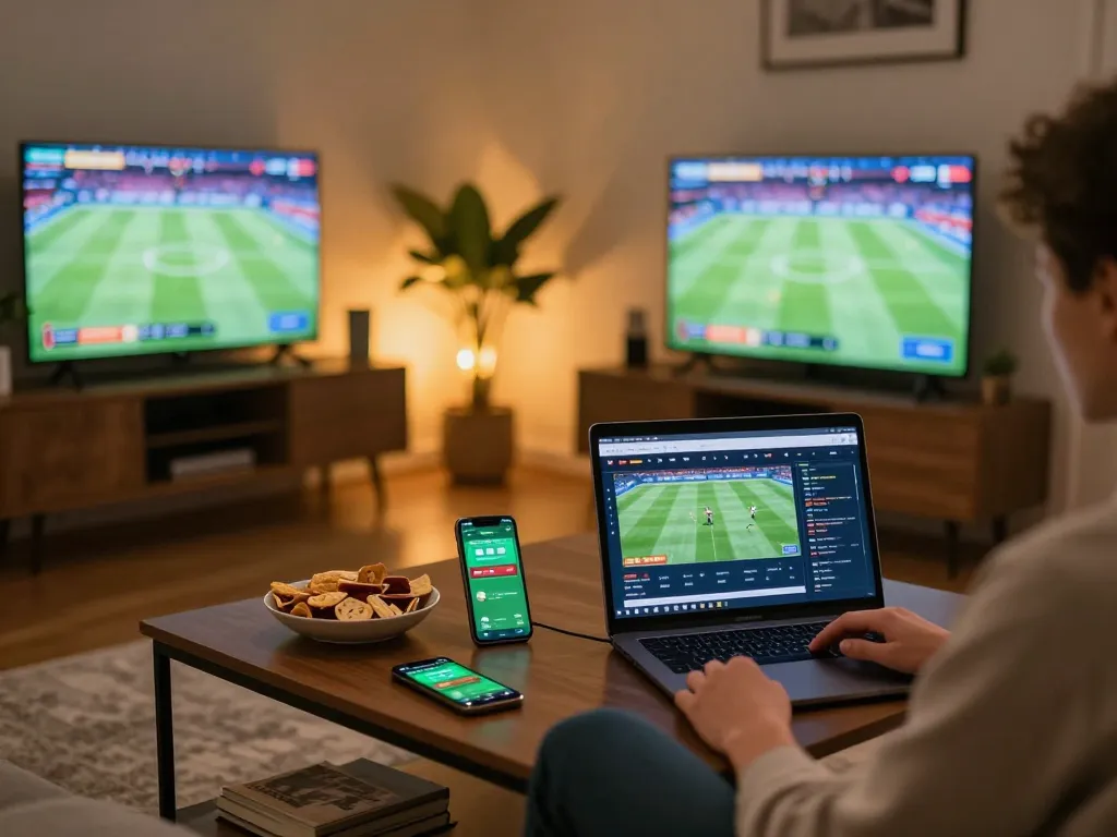 Engaging in sports betting at home using keonhacai on a laptop with a cozy setting