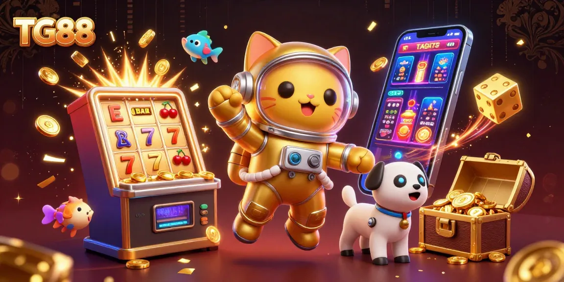 Experience thrilling gameplay at TG88 with a vibrant 3D casino illustration showcasing a golden slot machine and adventurous characters.