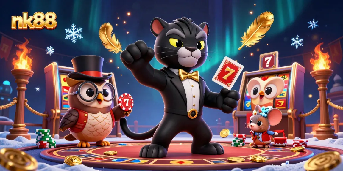 Engage in thrilling moments at nk88 casino with a festive 3D scene featuring playful characters.