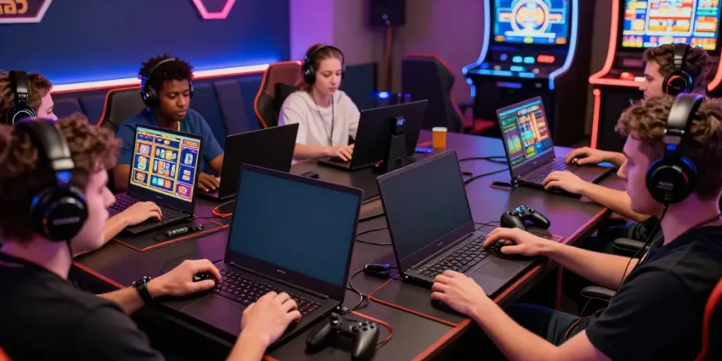 Bro138 login scene with players intensely engaged in slot games in a modern gaming lounge.