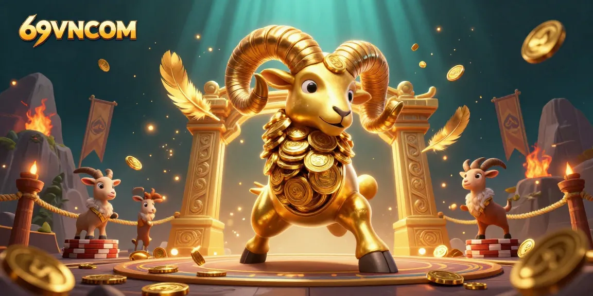 Engage with riveting action at 69VNCOM, where the golden ram and goat spectators celebrate thrilling sports bets amidst dramatic casino elements.