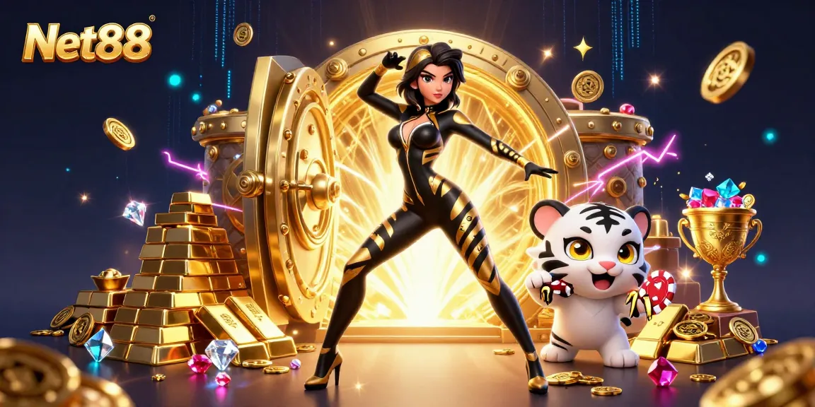 Experience the thrilling action of Net88 with a stunning 3D casino illustration filled with vibrant elements.