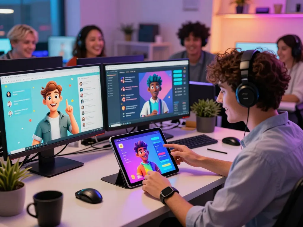 Engaging user chatting with customizable AI character on a tablet, showcasing crushon interaction in a vibrant tech environment