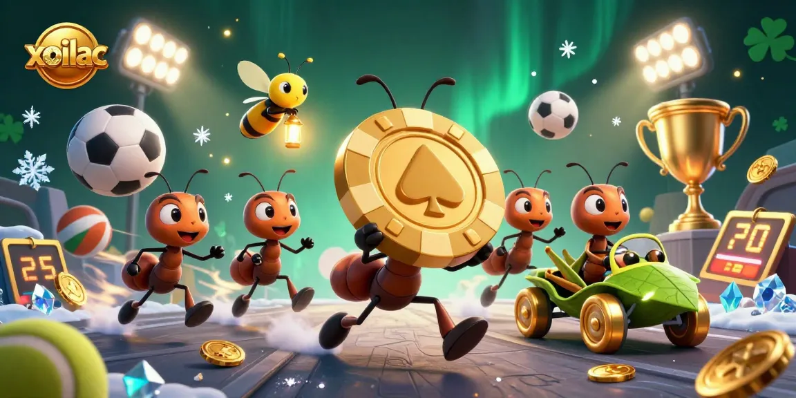 Bet on Xoilac's high-stakes moments as ants carry a colossal poker chip in a vibrant heist scene.