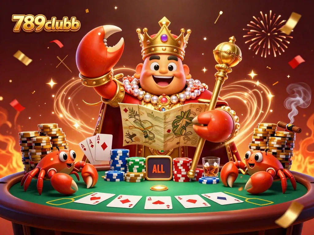 Engage in thrilling games at 789clubb with an emperor crab leading the way among poker chips and confetti.