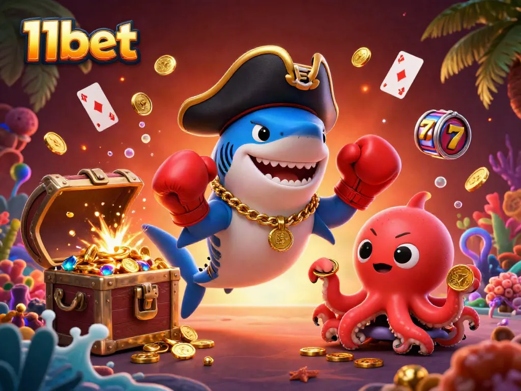 Engage with vibrant 11bet-themed illustration, showcasing an adventurous pirate shark with treasure.