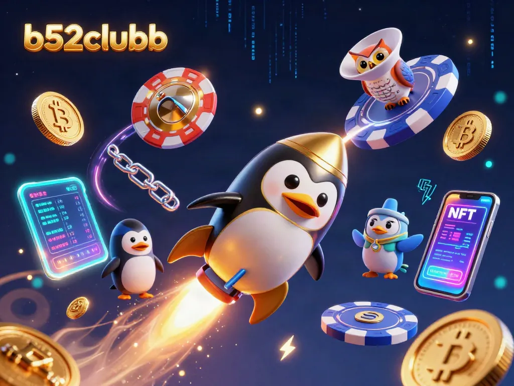 Engage with b52clubb's vibrant 3D casino world filled with golden penguins and crypto-themed elements.