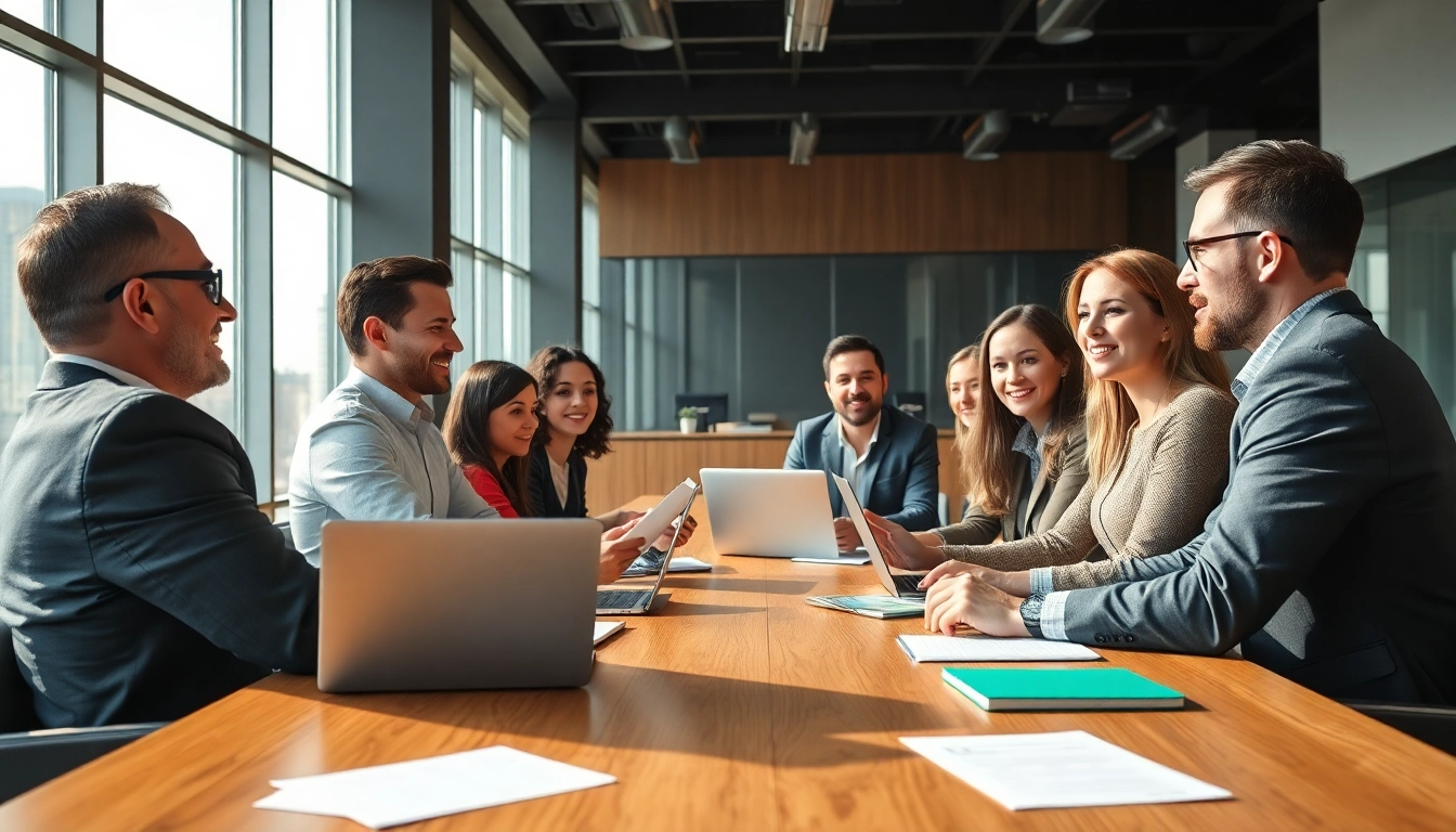 Discussing grants in a diverse team setting with modern office elements.