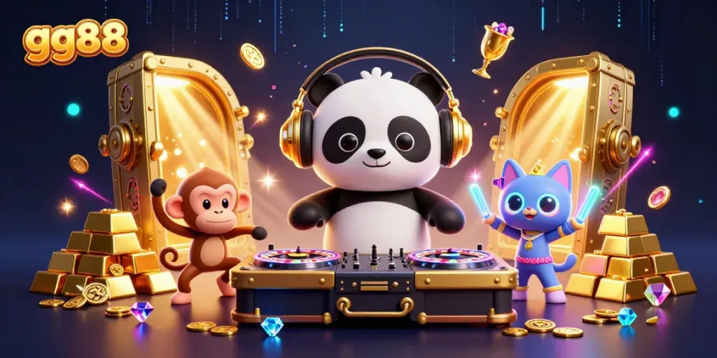 Experience the thrill of gg88 with vibrant characters and golden casino elements in an energetic digital illustration.