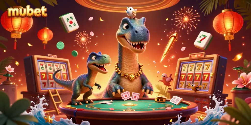 Engage with MUBET at a vibrant 3D casino scene featuring a giant brontosaurus and clever raptor.