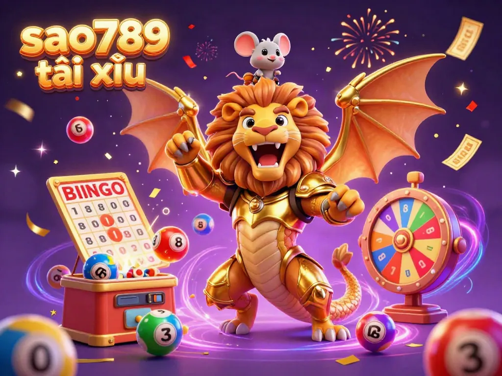 Engage with the exciting dynamics of sao789 tài xỉu featuring a triumphant chimera creature and vibrant game elements.