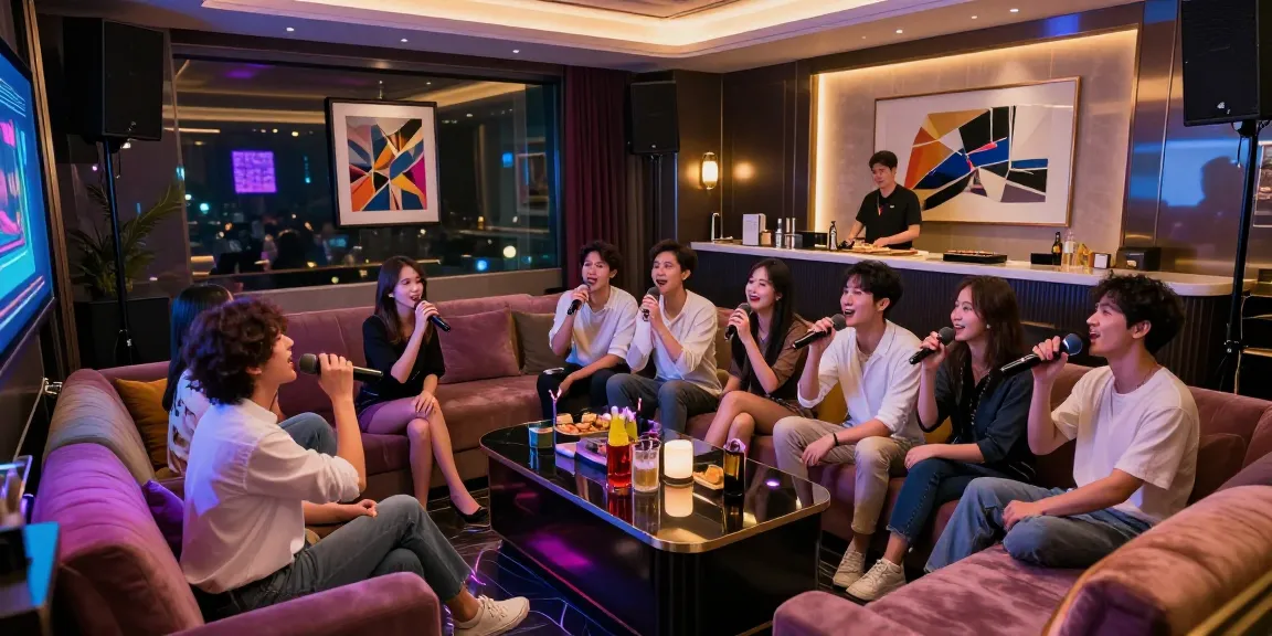 강남달토의 고급스러운 가라오케 라운지에서 친구들이 함께 노래하는 모습