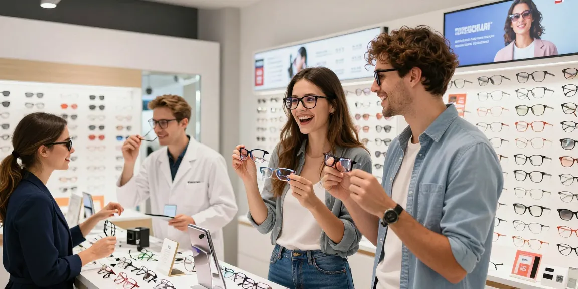 Shop for ótica online with a couple exploring stylish eyeglasses in a vibrant store.