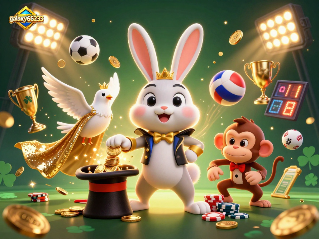 Bet on fun with galaxy66233 as a magician rabbit conjures coins in a lively casino scene.