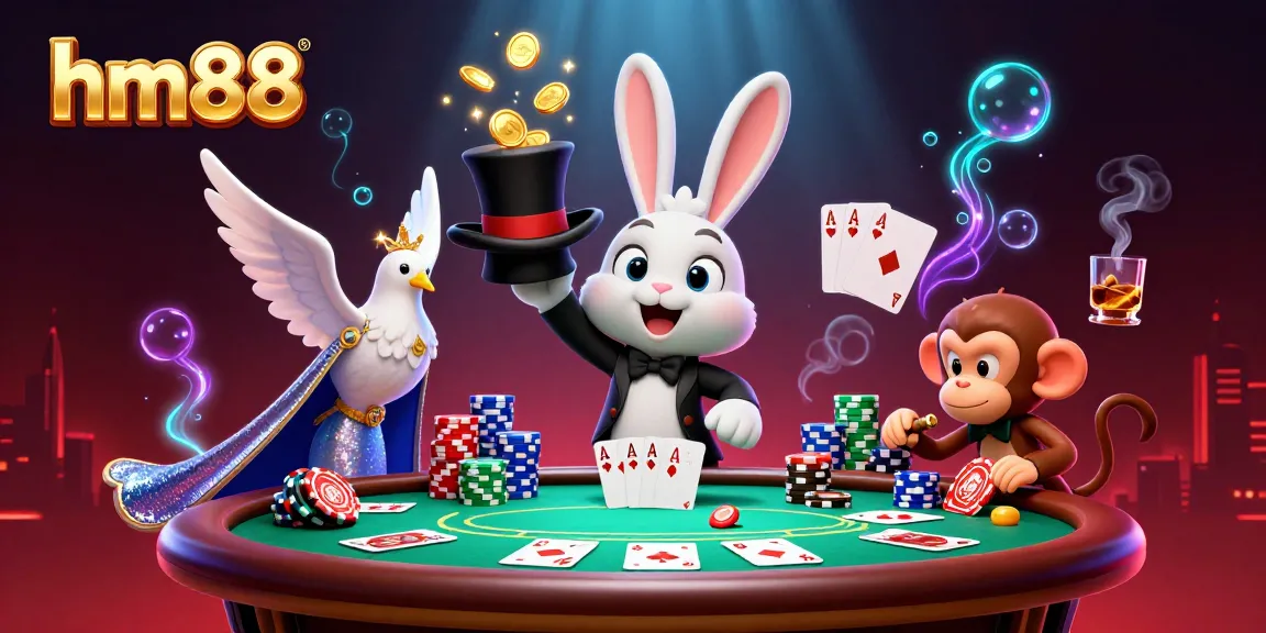 hm88 carnival scene with cartoon magician pulling coins, poker elements, and vibrant casino atmosphere
