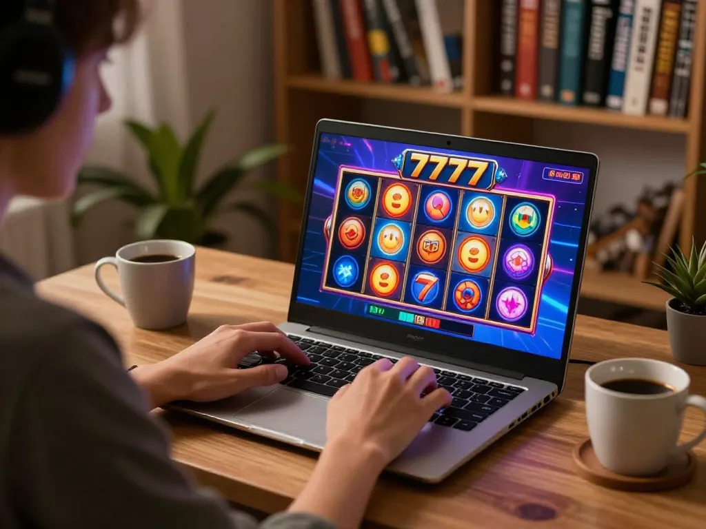 Engaging gameplay of slot777 on a laptop in a cozy home setting, highlighting strategic online gambling.