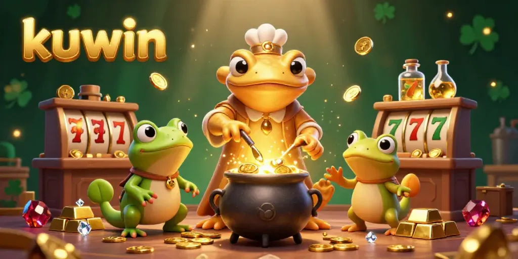 Kuwin showcases thrilling gameplay with a vibrant 3D scene featuring a golden salamander alchemist set in a lively casino.